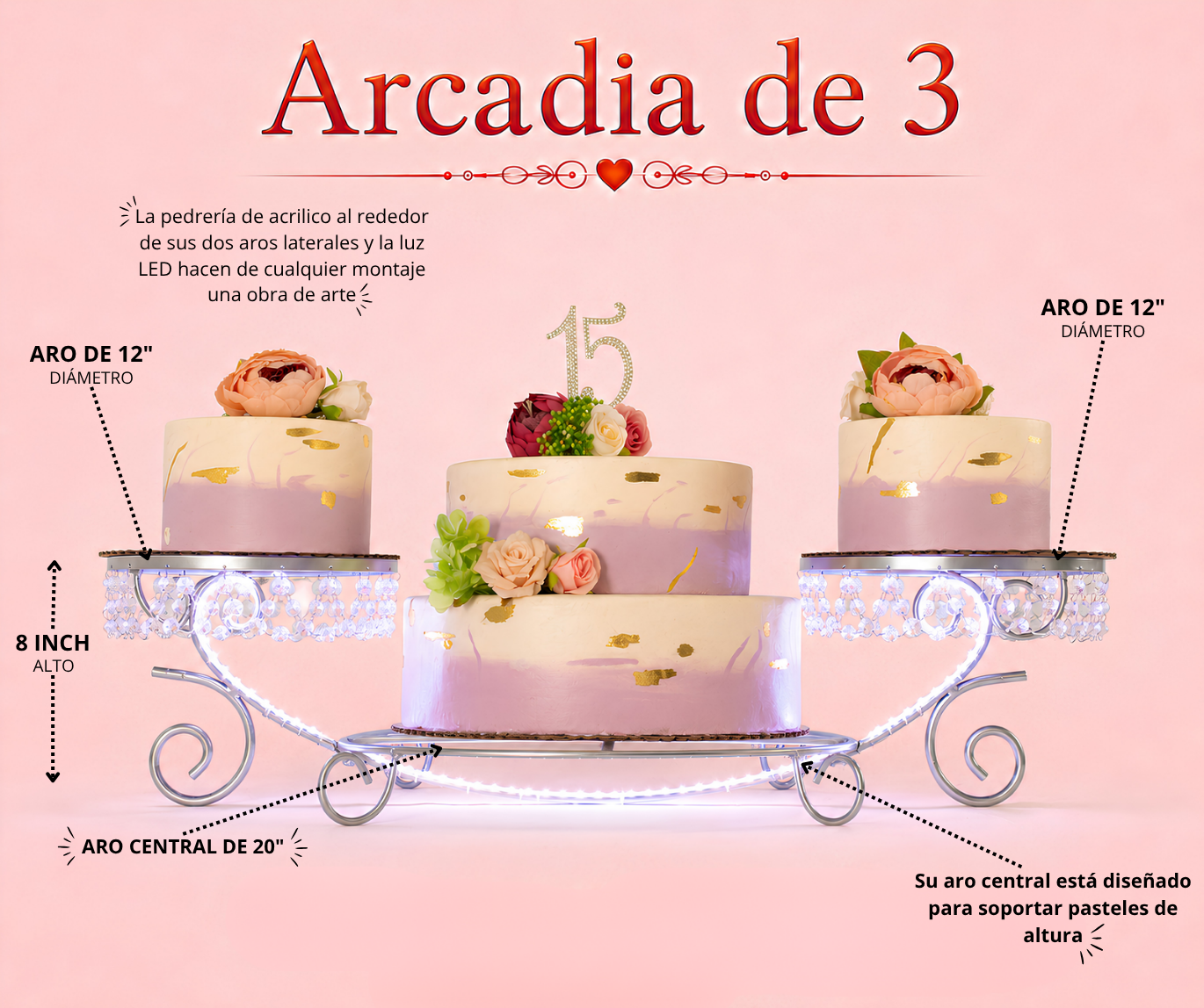 Arcadia de 3 con luz y piedra