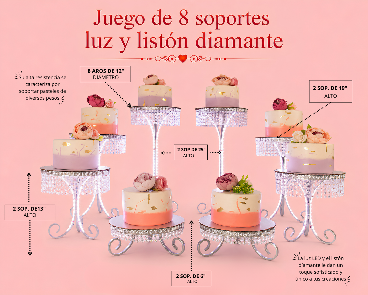 Juego de 8 soportes luz y listón diamante